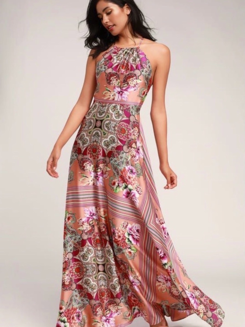 Lulus Halter Maxi Dress in Pink Paisley Floral XS